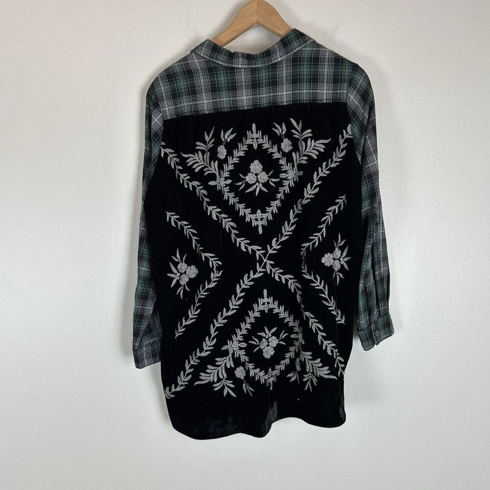 Women's Plaid Velvet Embroidered Long Sleeve Shirt Size M Boho Top Tunic Country